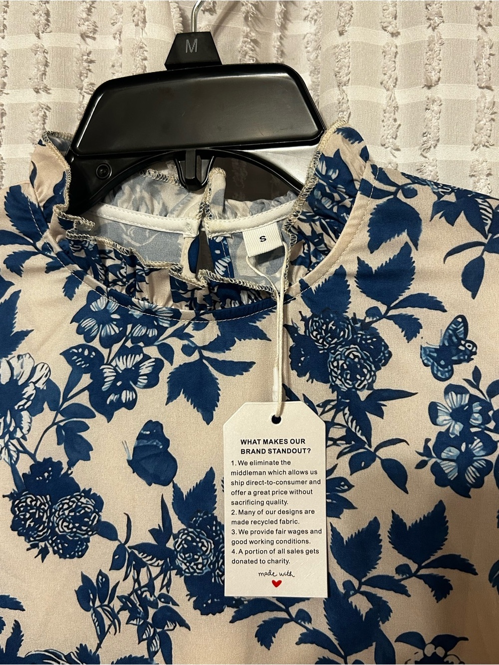 Floral Toile Ruffle Neck Blouse Blue Cream Long Sleeve Top Women's Small - Picture 2 of 6